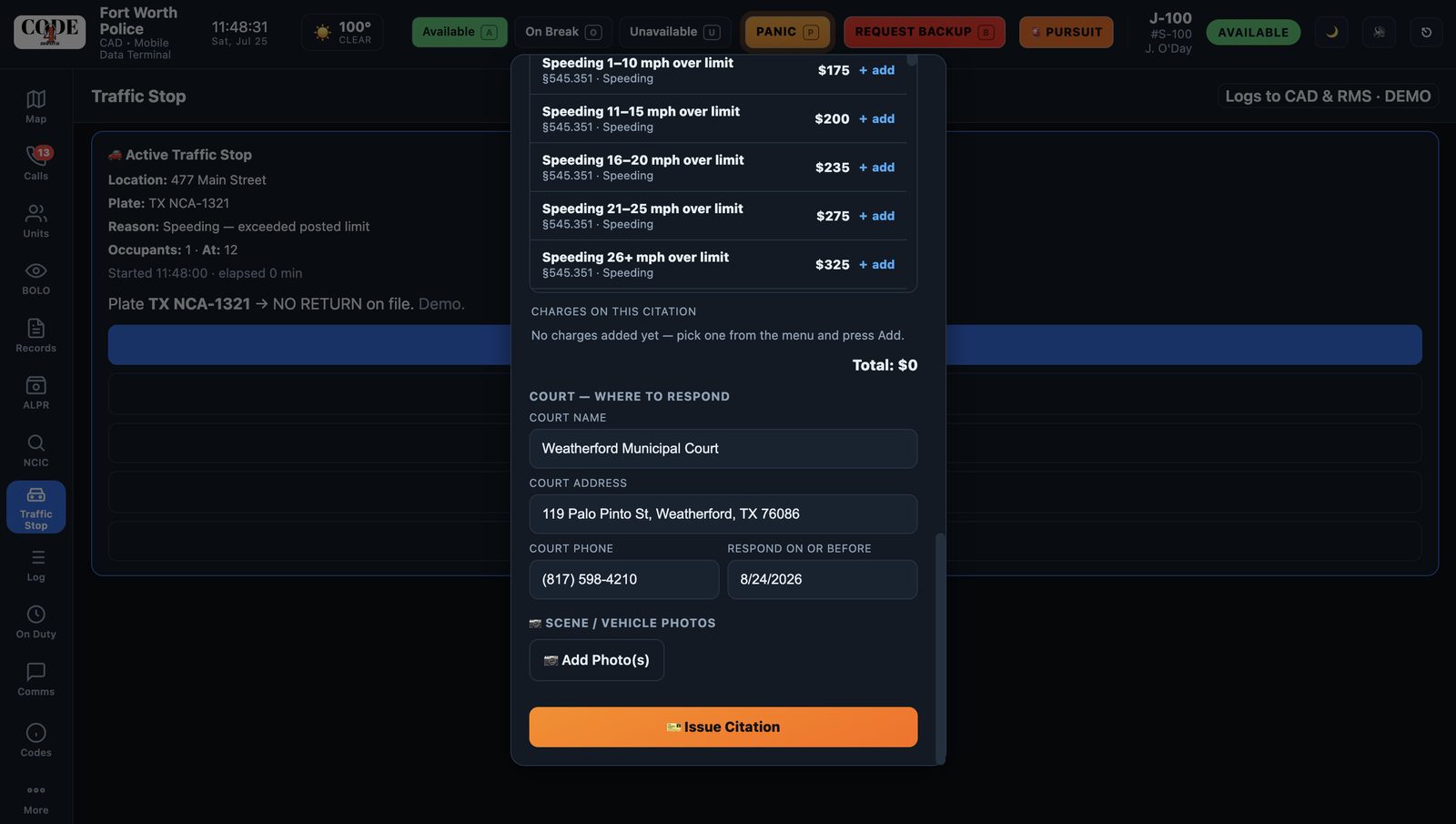 eCitation with searchable violations
