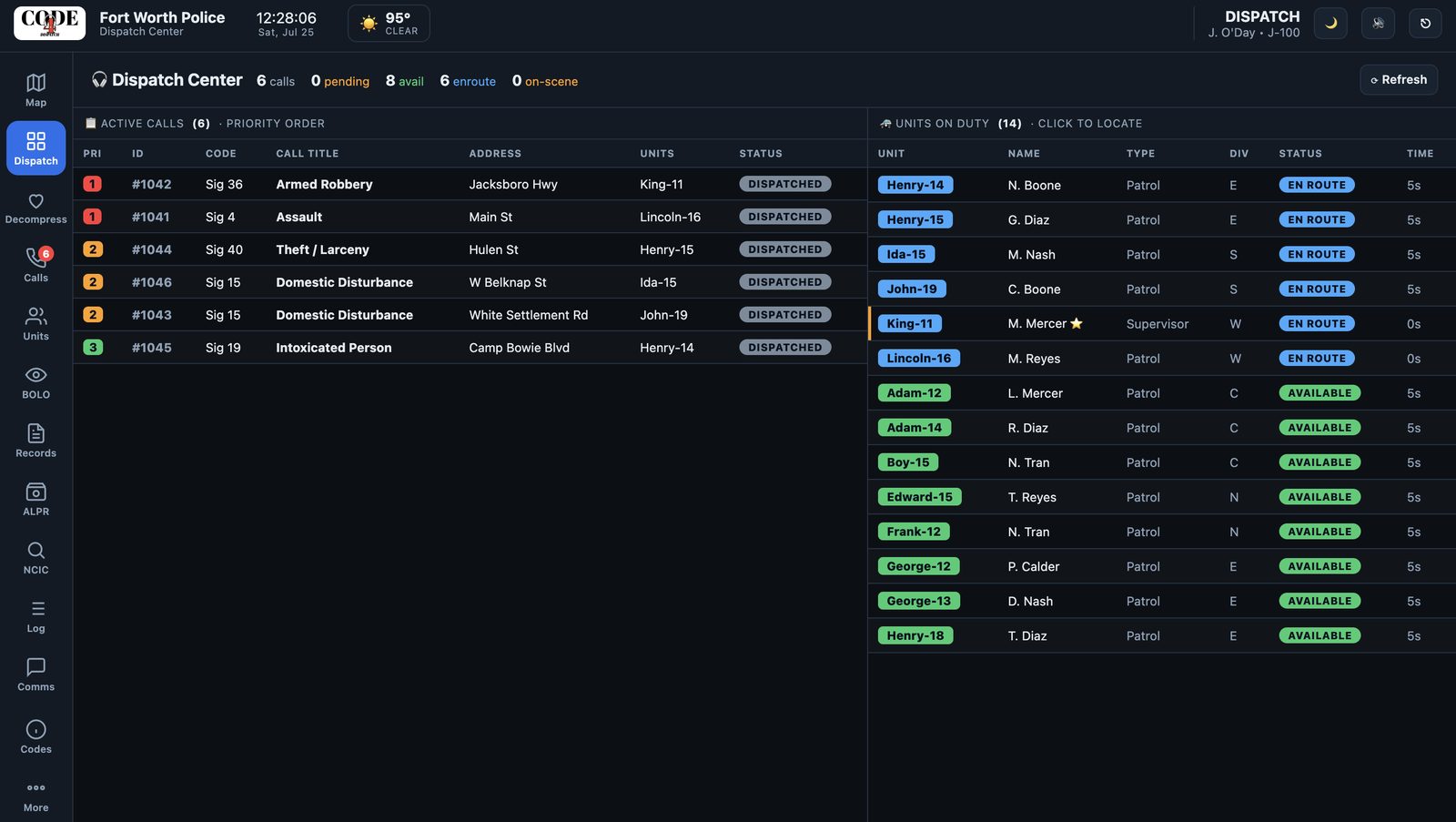 Dispatch console with active calls and units